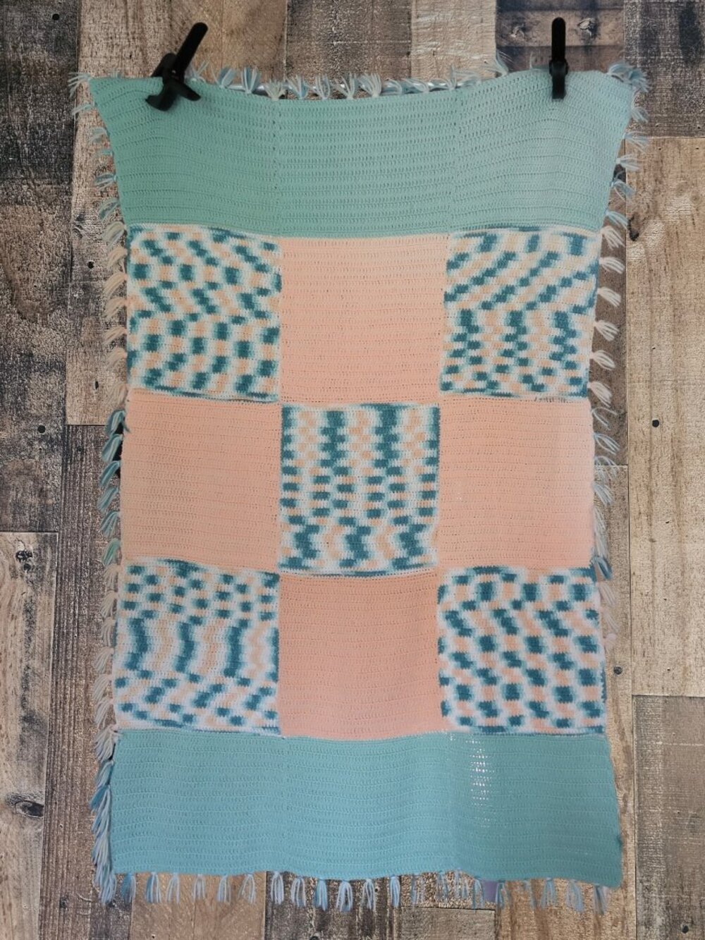 Crochet Knit Checkerboard Afghan Blanket Throw Peach & Green 44 by 64" Handmade